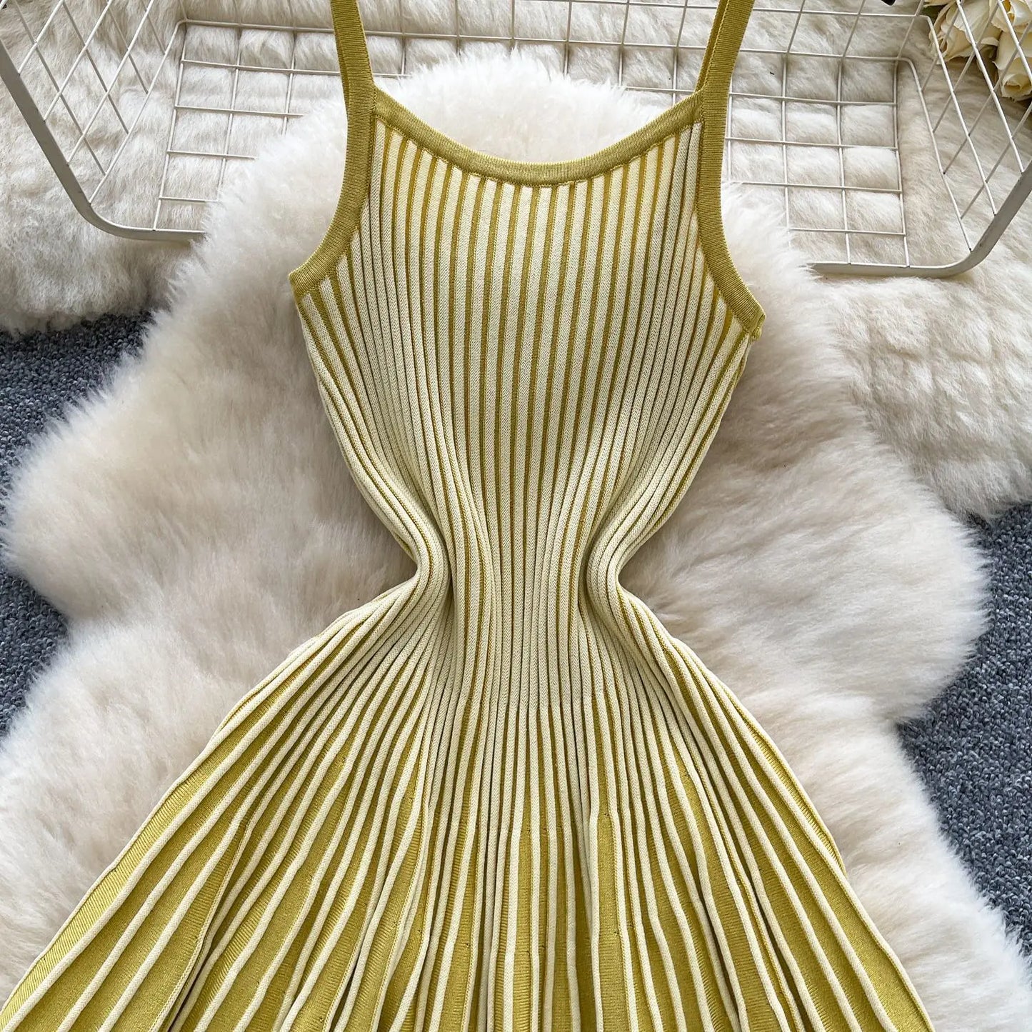 Joskaa 2026 Autumn Retro Striped Knit Dress Women Elegant Pleated Waist Slim Low Cut Sleeveless A-line Slip Dress Streetwear