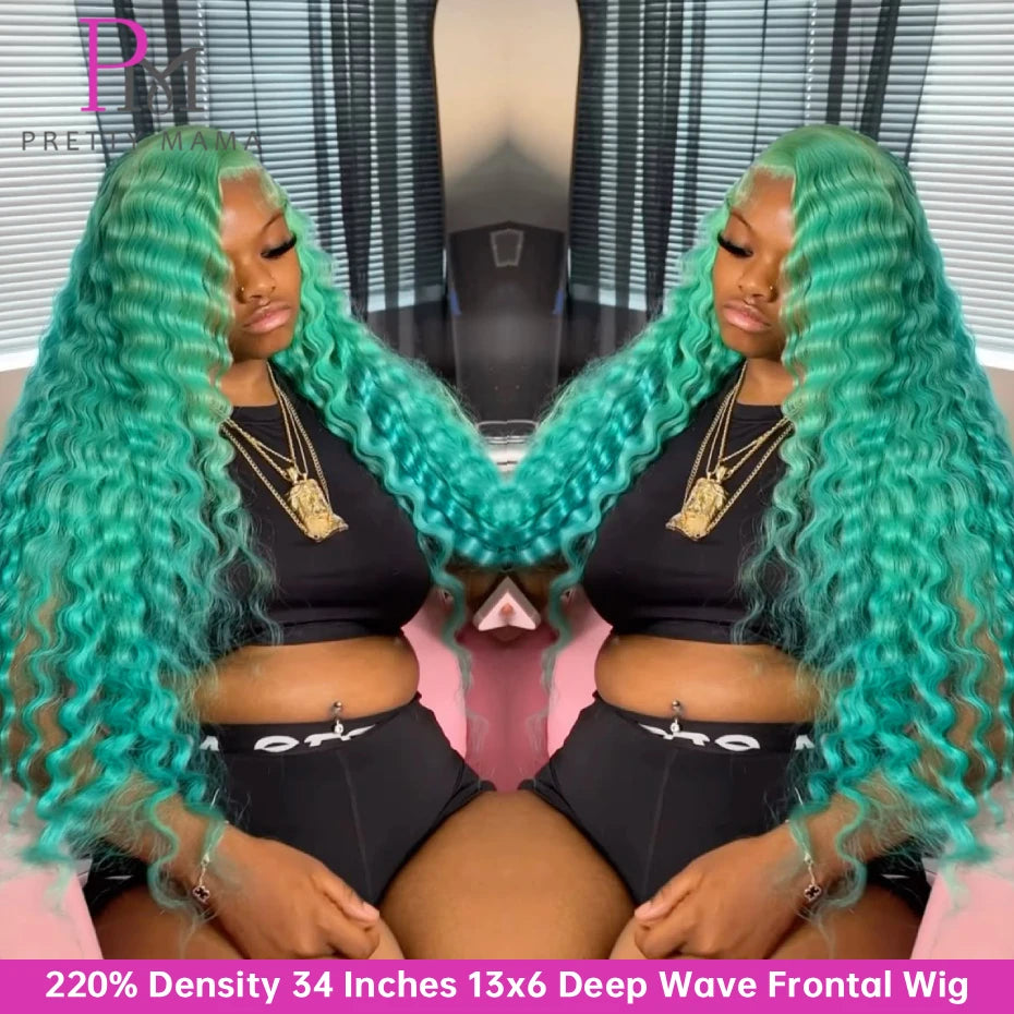13x4 13x6 Green Blue Lace Front Wigs Human Hair Deep Wave Lace Closure Frontal Wig Deep Curly Mint Green Colored Human Hair Wigs
