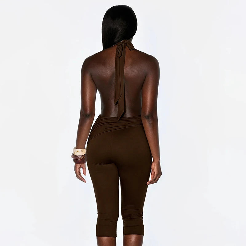 Solid color neck tie, knot, exposed back, tight fitting jumpsuit, cropped pants