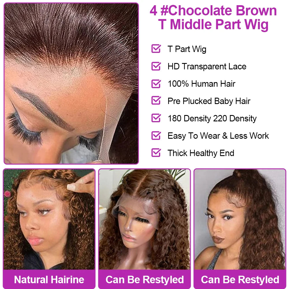 300 Density Chocolate Brown Deep Wave Lace Front Human Hair Wig 40Inch Color Hd Lace Frontal Wig For Women 13x6 Water Curly Wigs