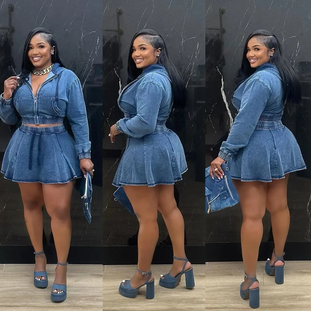 Two Piece Sets Women Denim Skirt Hooded Zipper Tops Short Dress Sets Skirts A Line High Waist Y2k Streetwear Elegant Slim Fit