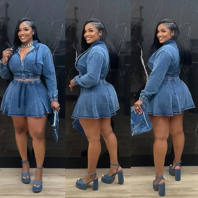 Two Piece Sets Women Denim Skirt Hooded Zipper Tops Short Dress Sets Skirts A Line High Waist Y2k Streetwear Elegant Slim Fit