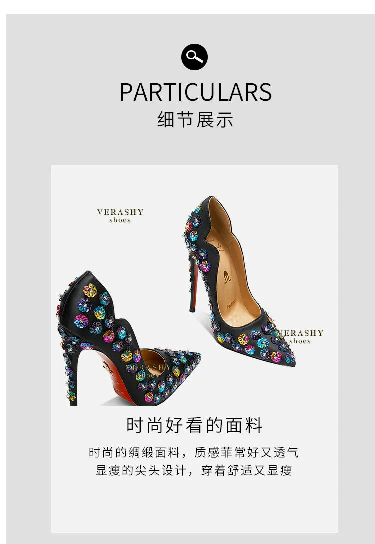 2025 Spring New High Heels Women's Embroidered Beaded Black Sexy Queen's Heel 10-12cm Pointed