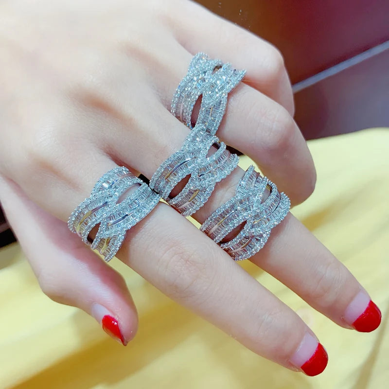 Huitan Brilliant Crystal Cubic Zirconia Wide Rings for Women Twist Design Luxury Female Jewelry for Wedding Party Chic Ring
