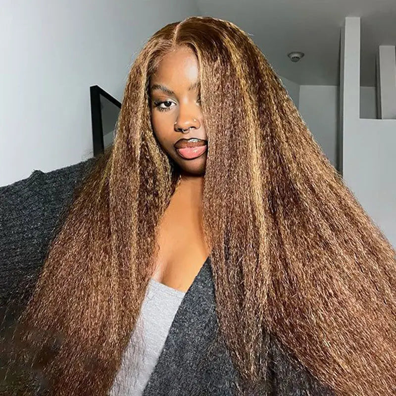 Blonde Highlight Kinky Straight Bundles with Closure Human Hair P4/27 Ombre Hair Weave with 4x4 Lace Closure 13x4 Lace Frontal