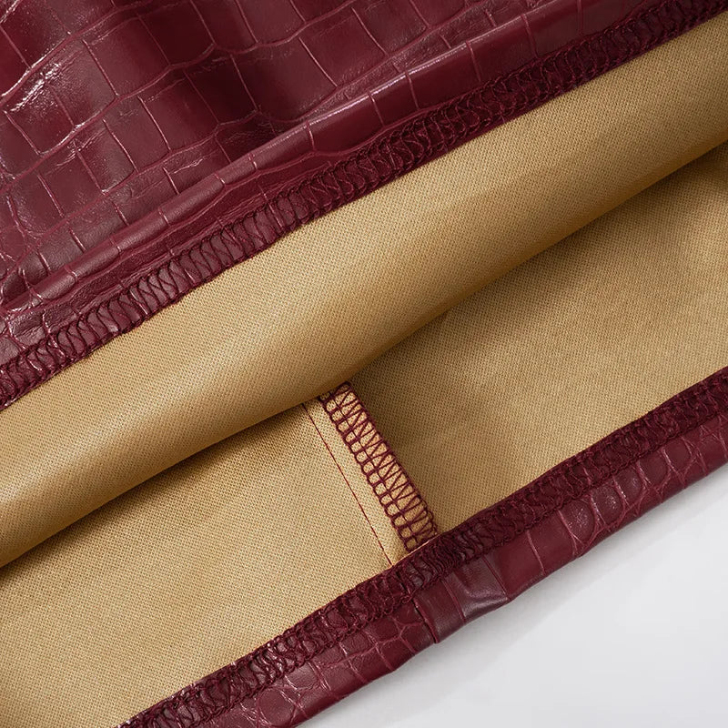 Luxuriöses trägerloses Leder-Kurzkleid Damen ärmellos rückenfrei Sexy Krokodilleder-Muster Partykleider 2025 Abend Rot Braun