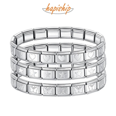 Hapiship 2024 Damenschmuck 9mm Breite Italienisches elastisches Stern Herz Schmetterling Charm Armband Mode Edelstahl Armreif ST-