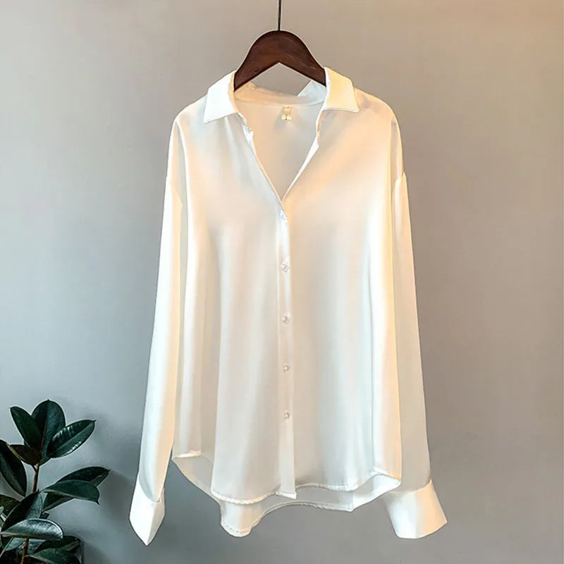 1pcs Woman Spring Autumn Satin Shirt Lady Long Sleeve Lapel Blouses Cardigans Elegance Sweet Casual Coats Girl Sunscreen Top