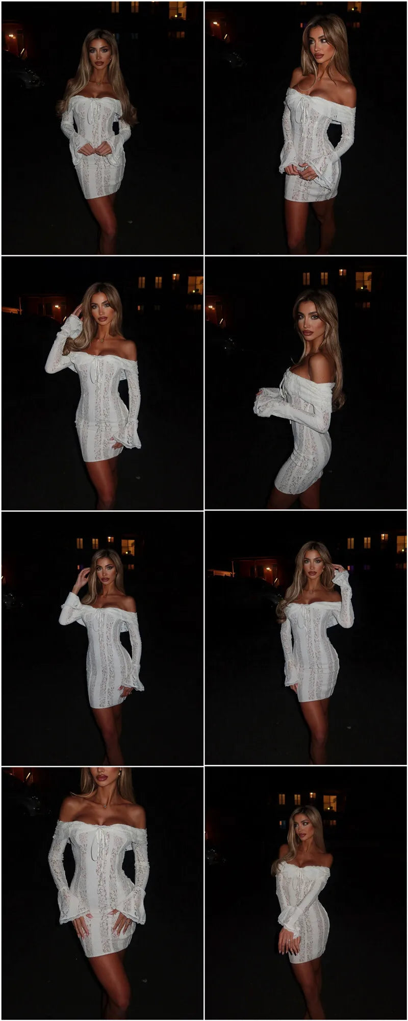 Mozision Blumen-Spitzen-Off-Shoulder Maxikleid für Damen, weiß, trägerlos, rückenfrei, langärmlig, Bodycon, Club, Party, sexy langes Kleid