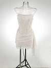 XIAOTANG Elegant Lace Strapless Sexy Mini Dress for Women Fashion Off-shoulder Irregular Ruched Bodycon Night Club Party Dress