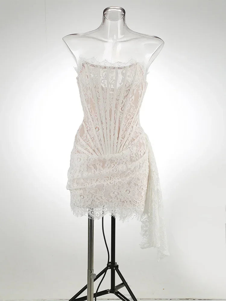 XIAOTANG Elegantes Trägerloses Spitzenkleid für Damen, sexy, modisch, schulterfrei, unregelmäßig gerafft, Bodycon, Nachtclub-Partykleid