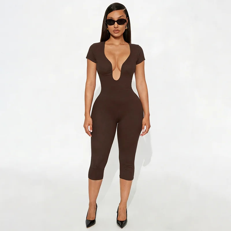 Solid Color Sexy Slim Fit and Slimming Chest U-Neck Jumpsuit, Versatile and Fashionable Jumpsuit Cropped Pants