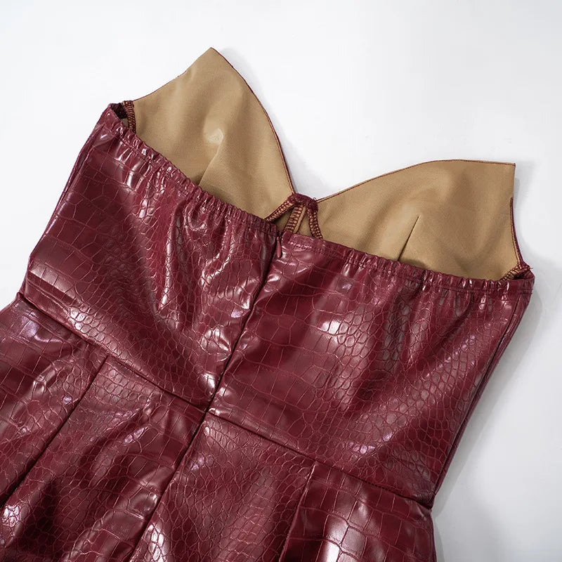 Luxuriöses trägerloses Leder-Kurzkleid Damen ärmellos rückenfrei Sexy Krokodilleder-Muster Partykleider 2025 Abend Rot Braun