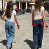 Combhasaki Damen Y2K Vintage Jeans Ästhetischer Sternmuster-Print Loose Straight Leg Denim Lange Hose Lässige Low Waist Hose