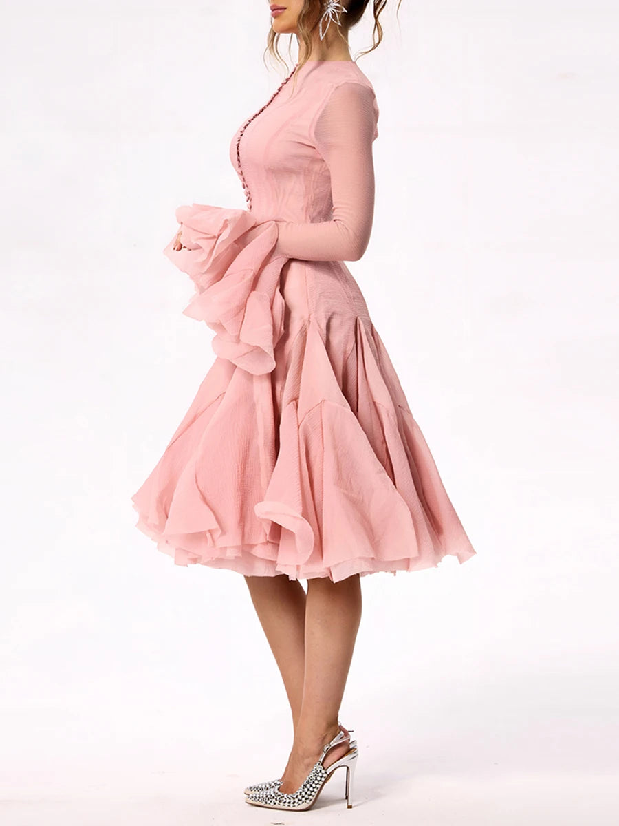 TWOTWINSTYLE Damenkleid Unregelmäßig Gefaltet Patchwork Mode Lang Laternenärmel Tailliertes Minikleid 2024 Neue Kleidung