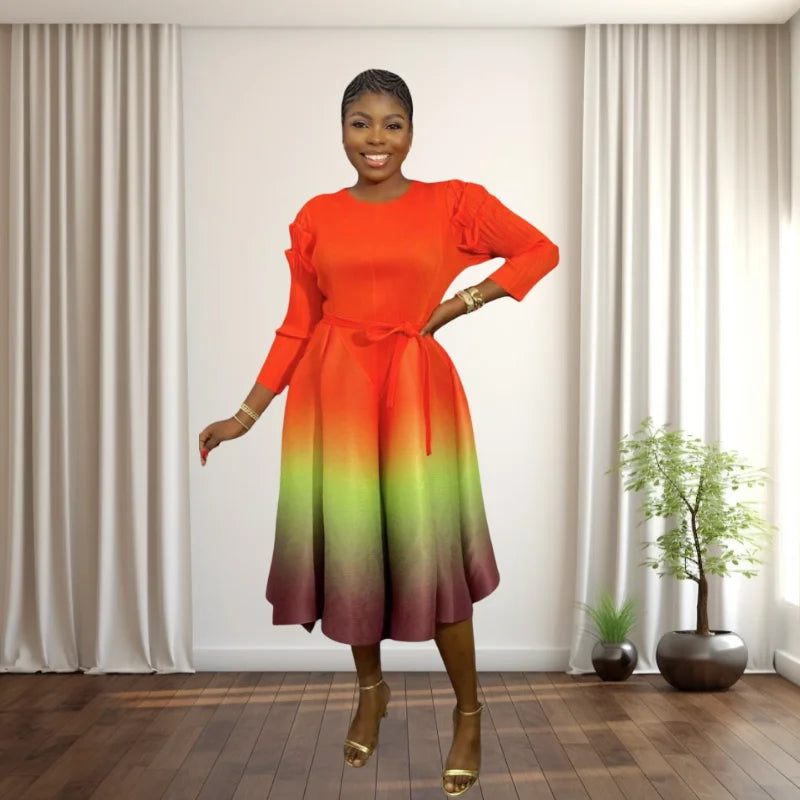 Miyaki Plus-Size Women's Dress with Pleated Design, Puff Sleeves, Long Sleeves, Gradient Color-Blocking, Mid-Length Dress, Popular in Europe and America, Suitable for Daily Wear, Travel, and Dates