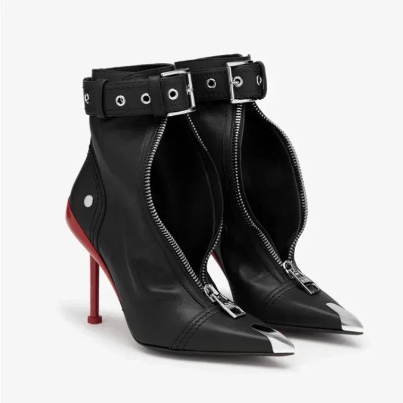 Gürtelschnalle Reißverschluss vorne Modenschau Stiefeletten Damen Herbst Winter Neu Spitz Metallverzierung Rote High Heels Ankle Boots