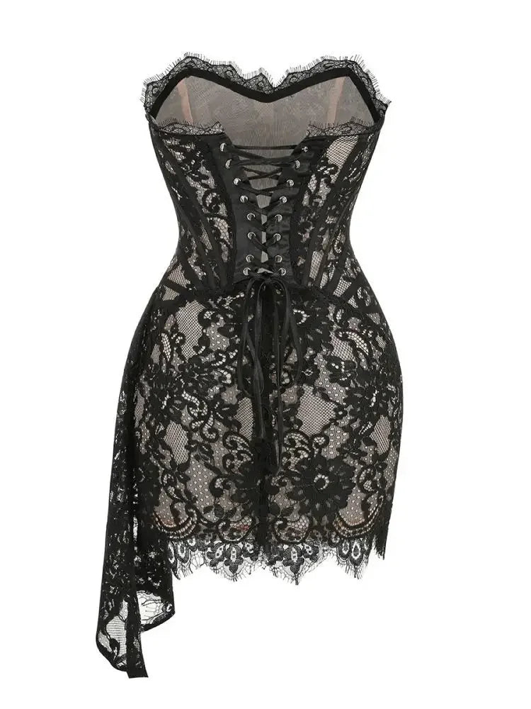 XIAOTANG Elegantes Trägerloses Spitzenkleid für Damen, sexy, modisch, schulterfrei, unregelmäßig gerafft, Bodycon, Nachtclub-Partykleid