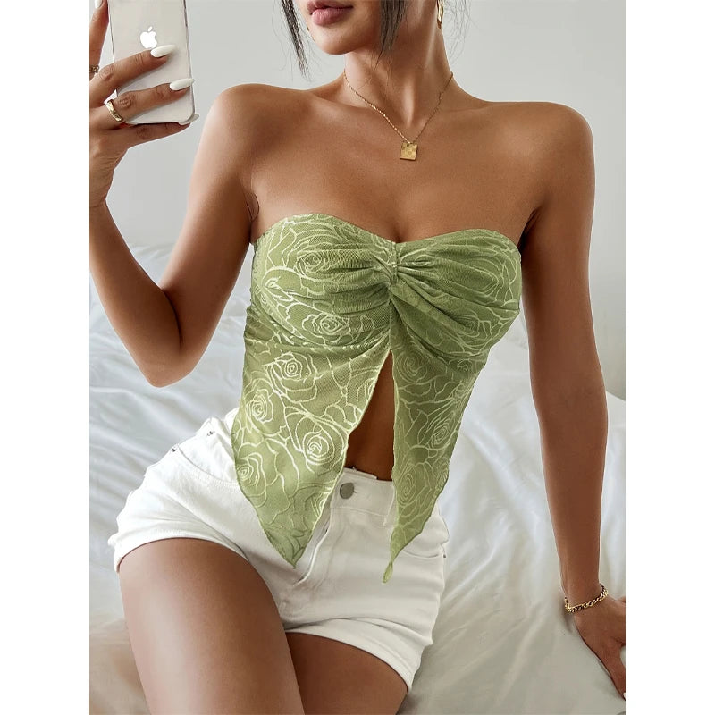 Summer Y2K Women's Sexy Twist Front Asymmetrical Hem Strapless Bandeau Crop Top Casual Tube Tops for Party Club Night Clothes