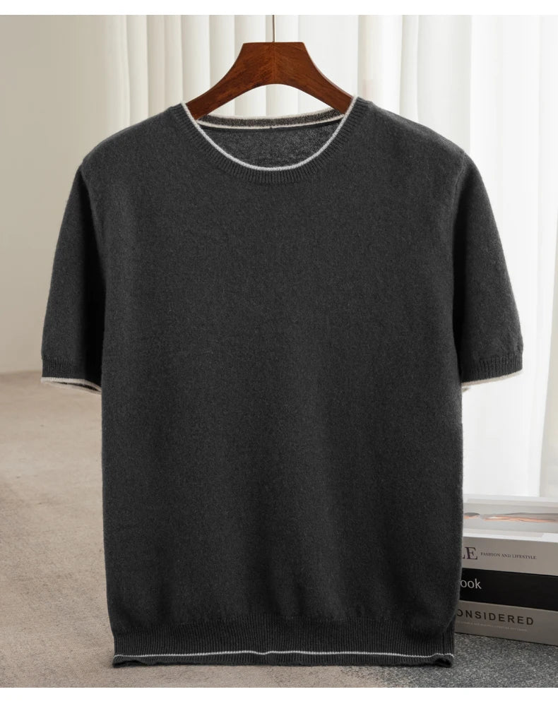 Men's T-shirt 2024 Summer New Knitted Tank Top Fashion Color Block Round Neck Pullover Sweater 100% Pure Wool Short sleeved
