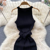 YuooMuoo Women Dress 2025 Summer Elegant Rib Knit Slim Waist Bandage Pencil Dress Office Lady Sleeveless Bodycon Sweater Dress