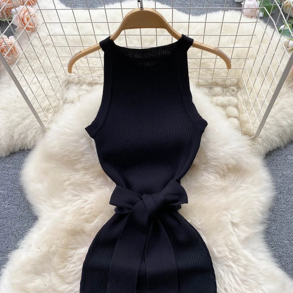 YuooMuoo Women Dress 2025 Summer Elegant Rib Knit Slim Waist Bandage Pencil Dress Office Lady Sleeveless Bodycon Sweater Dress