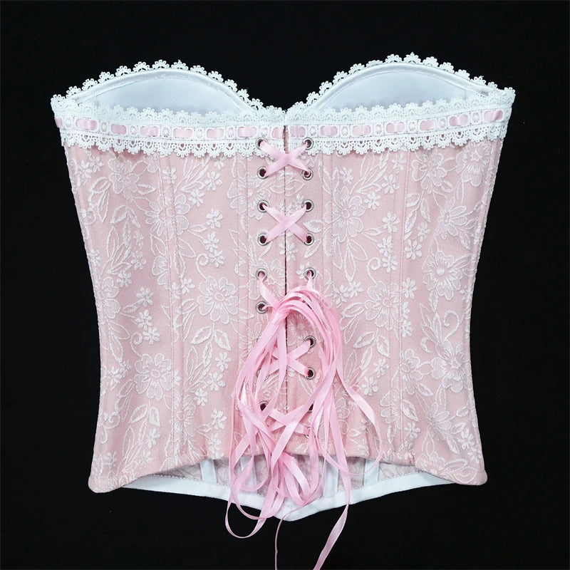 Sexy Women Pink Overbust Corset Crop Top Sweet Lace Patchwork Slim Fit Strapless Bustier Chic Party Summer Clothes Streetwear