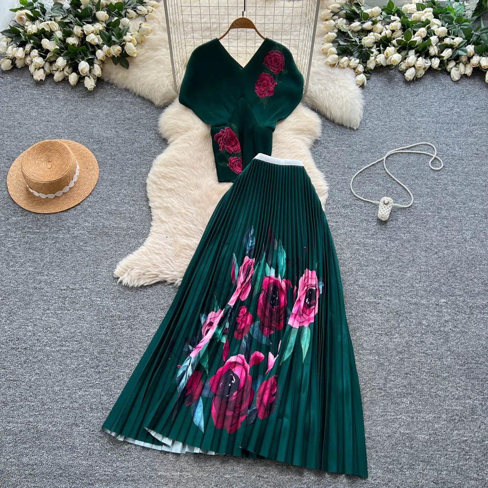 Two Pieces Women Dress Sets Solid Matching Sets V Neck Printing Top High Waist Pleat Dress Loose Fit Casual 2025 Autumn Winter