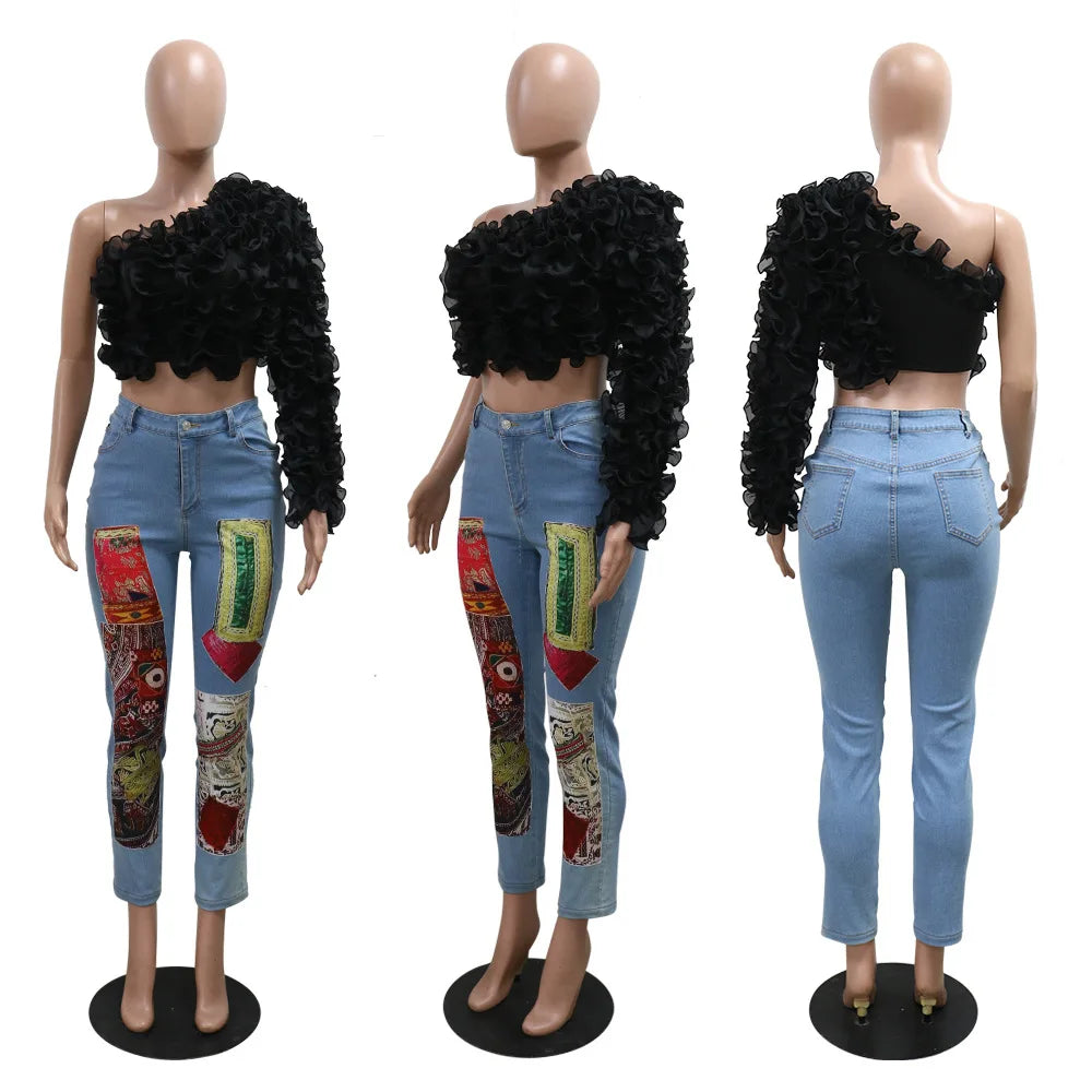 CM.YAYA Damen Rüschen Einärmel Schräger Kragen Tunika Bluse und Hemd Tops 2024 Sommer Streetwear Nachtclub Party Strand Tops