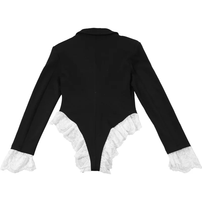 Joskaa Damen Spitze Patchwork Schwarzer Blazer Bodysuit Sexy Tiefer V-Ausschnitt Langarm Einteiler Romper Coquette Midnight Clubwear