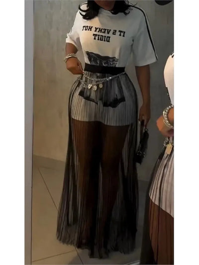 Summer Women's O Neck Print Long T-shirt + Mesh Skirt Fashion Casual Two-piece Set Elegant Women Clothes 2 Pieces Set For Woman