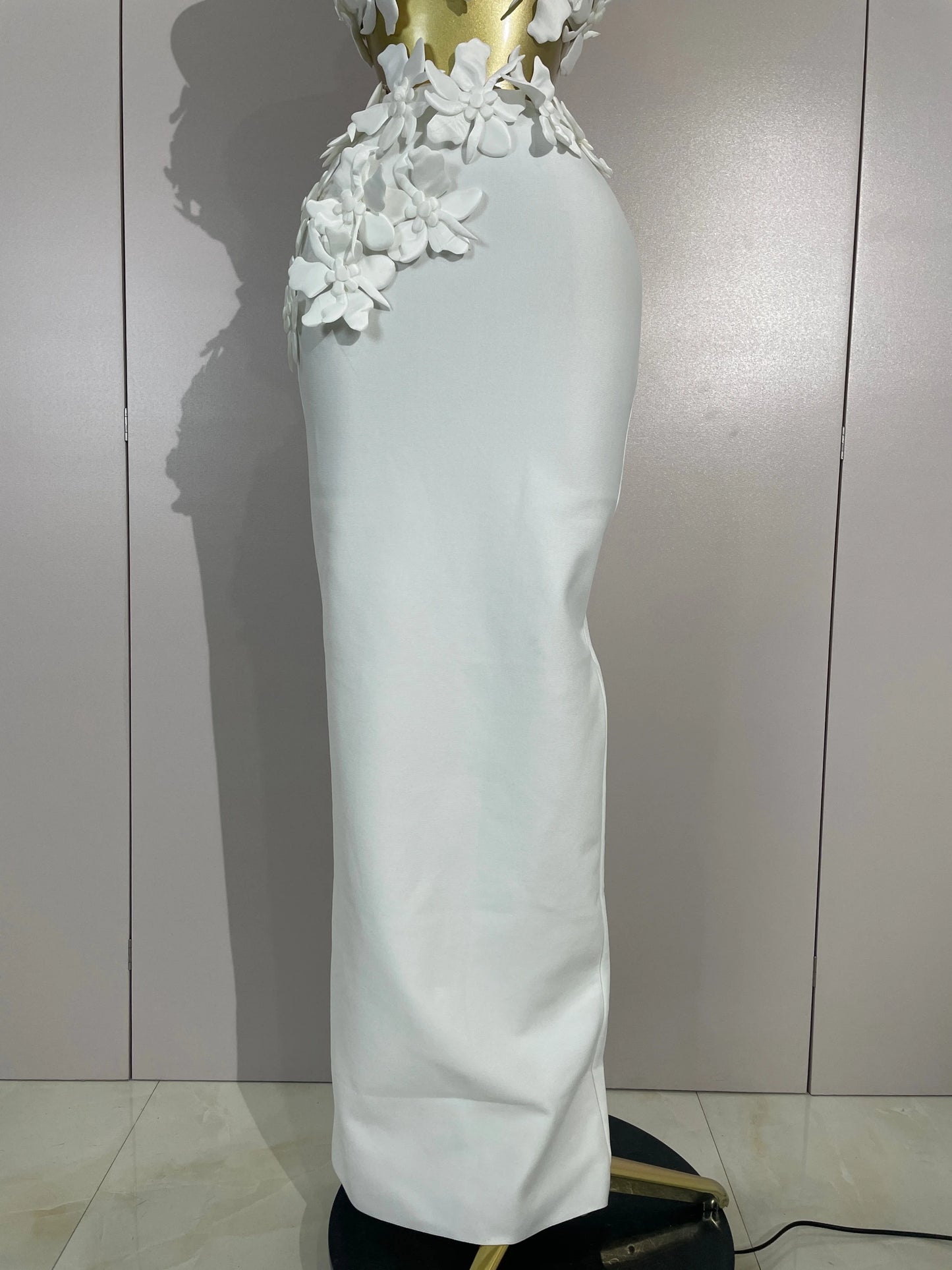 Women Sexy White Flowers V-Neck Tops Bodycon Long Dress Two Pieces Set Eveing Party Prom Gown Nightclub Celebrate Birthday Dress