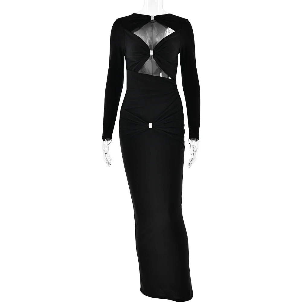 Articat Sexy Hohl Saum Langarm Elastisches Enges Kleid Damen Falten Doppellagig Weibliche Vestidos Elegantes Party Abendkleid