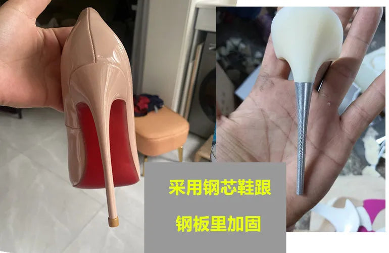 Pink studded high heels, fashionable, ultra shallow mouth, pointed toe, thin heel, hate sky, high punk style, 12CM