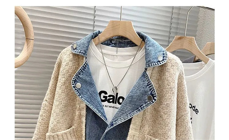 2023 New Autumn Winter Women Splicing Denim Jacket Women Long Sleeve Jean Jackets Female Loose Sweater Cardigan Jacket