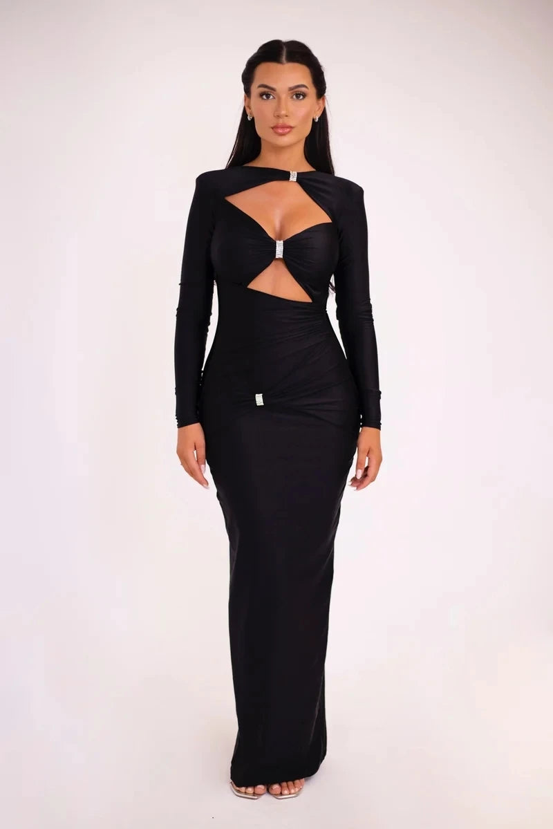 Articat Sexy Hohl Saum Langarm Elastisches Enges Kleid Damen Falten Doppellagig Weibliche Vestidos Elegantes Party Abendkleid