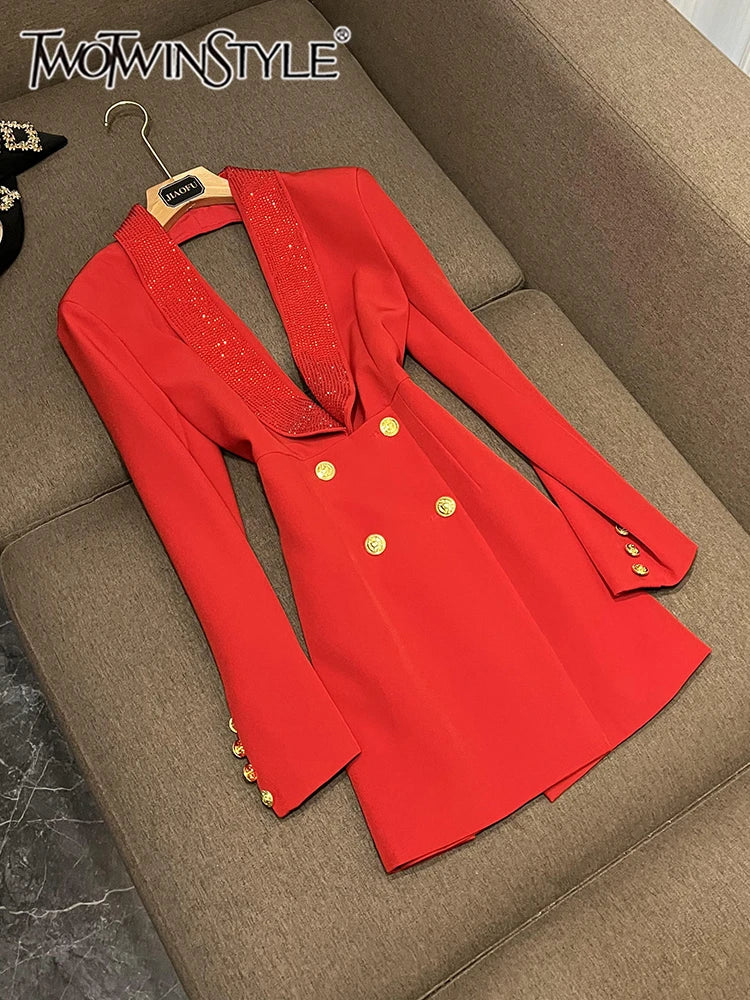 TWOTWINSTYLE Solider Blazer mit Aushöhlungen für Damen, Schalkragen, Langarm-Tunika, gespleißter Knopf, Temperament-Blazer Weiblich KJA501707