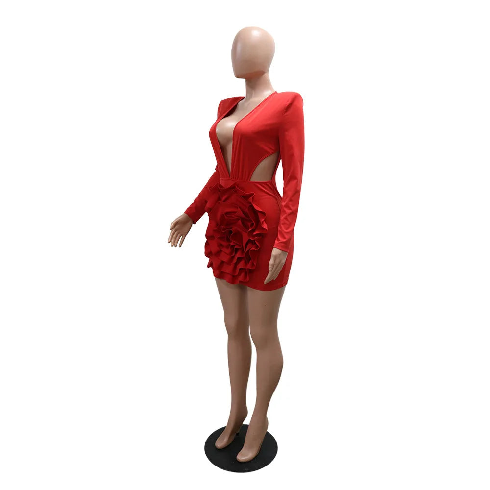 CM.YAYA Women Rose Floral Applique Long Sleeve Bodycon Mini Midi Dress Winter V-neck Club Sexy Party Evening Dresses Vestidos
