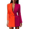 Women Blazer Elegant Office Lady Suit Deep V-Neck Long Sleeve Patchwork Slim OL Double Breasted Dress Coat Contrast Color Suits