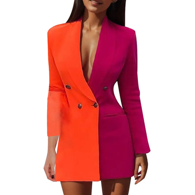 Women Blazer Elegant Office Lady Suit Deep V-Neck Long Sleeve Patchwork Slim OL Double Breasted Dress Coat Contrast Color Suits