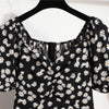 Damen Minikleider Sommer Mode Damenkleider Bedruckte Chiffonkleider mit Blumenmuster, gerafft, plissiert, kurze Puffärmel, Freizeitkleid