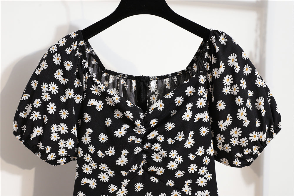 Damen Minikleider Sommer Mode Damenkleider Bedruckte Chiffonkleider mit Blumenmuster, gerafft, plissiert, kurze Puffärmel, Freizeitkleid