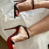 Customized one-piece buckle with slim heel high heels for summer 2025, new pointed toe exposed toe red sole fashion sandals
