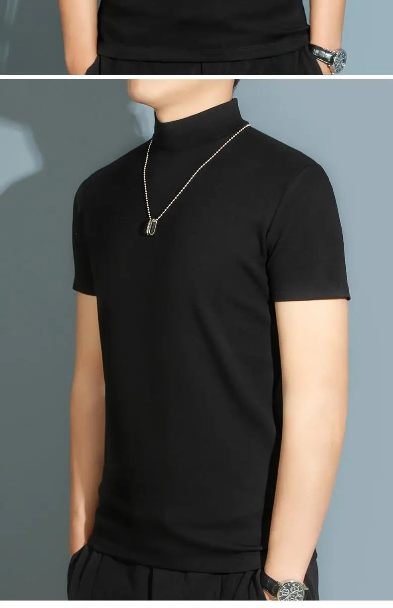 Men's Modal High Neck Short Sleeve T-Shirt Bottoming Shirt Silk Model Golf Wear Luxury Clothing Men's T-Shirt Bottoming Shirt