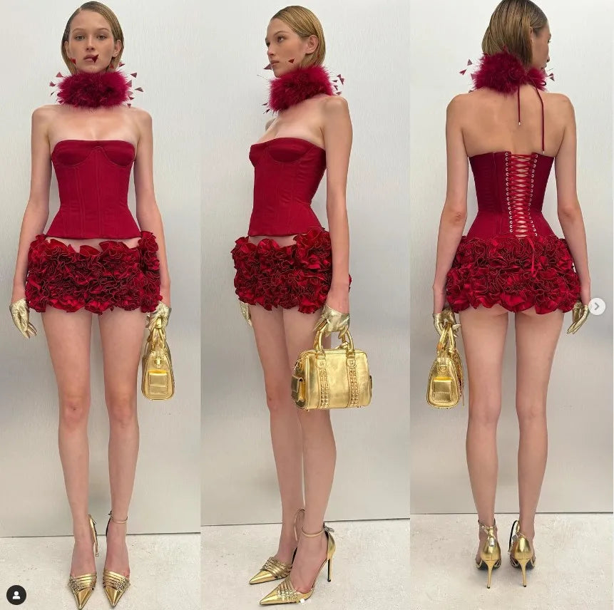 2024 New Sexy Mesh See through Stereoscopic Flowers Red Mini Evening Dress Sweet Woman Birthday Party Dress Performance costume