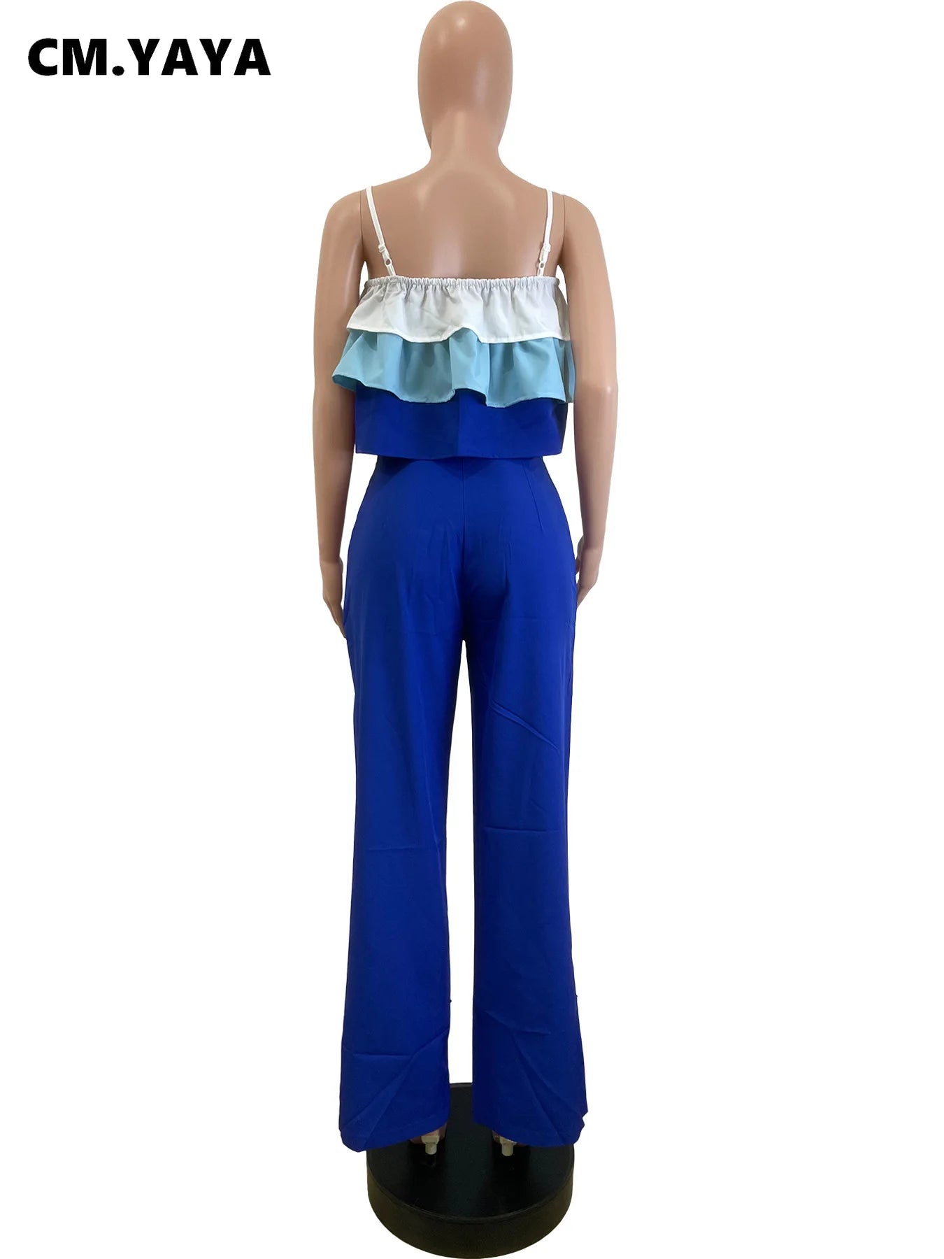 CM.YAYA Fashion Party Women's Set Patchwork Cascading Ruffles Strap Crop Top and Wide Leg Suit 2025 Chic Two 2 Piece Sets Outfit