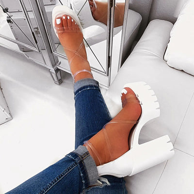 Damen Modische Sandalen mit Absatz Asymmetrisches Transparentes Riemchen Design Dicke Absätze Reißverschluss Wasserdichte Plateau High Heels Sandalen