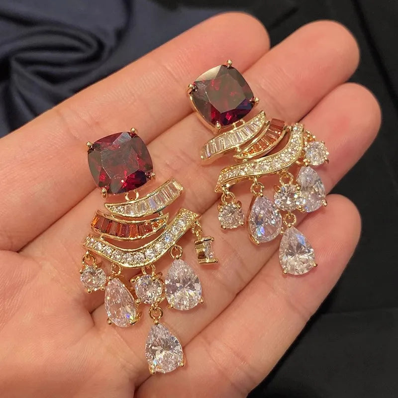Zircon Water Drop Tassel Earrings Elegant Fashion Light Luxury Earrings