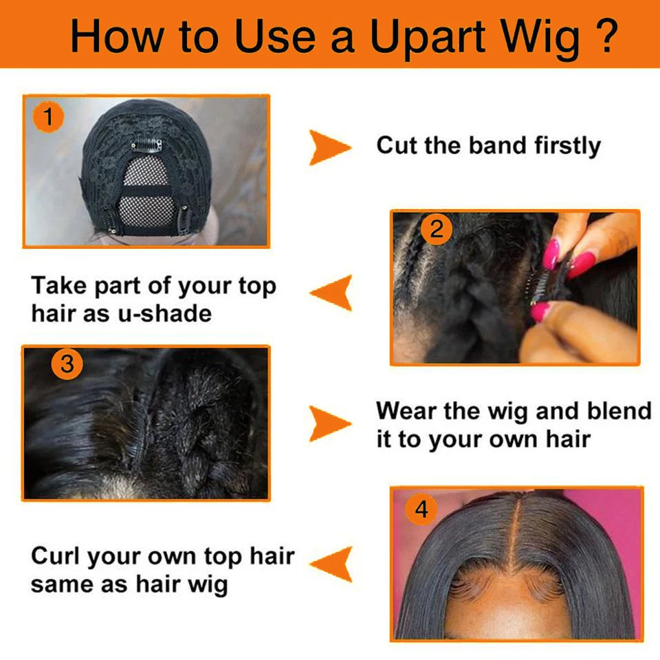 Yaki Straight U-Part-Perücken für schwarze Frauen, Kinky Straight U-Part-Perücke Echthaar Kurz Schwarz Braun U-Part-Perücke Kinky Straight Clip