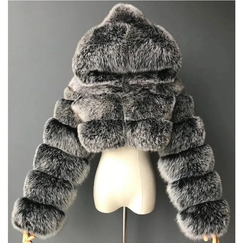 Women Warm Faux Fur Coat Winter Vintage Gradient Jacket Furry Outerwear Jackets Hooded Coats Plus Size Autumn Winter Streetwear